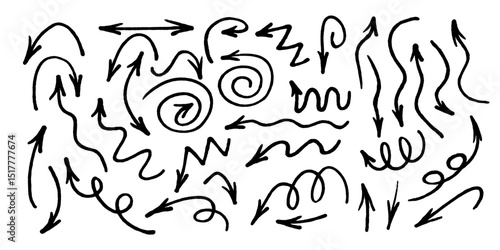 Hand drawn marker arrows symbols set. Doodle brush line grunge scribbles arrow pointers hand drawn vector illustration. Felt pen marker symbols collection.