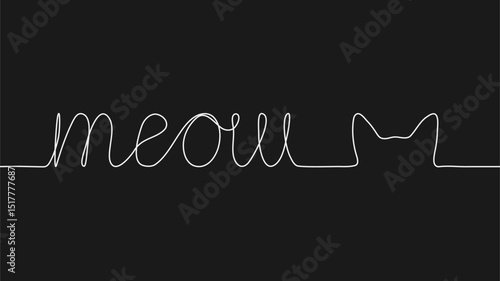 The word meow and the outline of the cat's head are drawn with one continuous white line on a black background. Vector seamless illustration. Concept of pets, vet clinics and stores.
