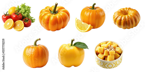 Variety of Fresh Fruits and Vegetables Including Oranges, Tomatoes, Yellow Pumpkins, and Diced Mango in Bowl Isolated on transparent Background