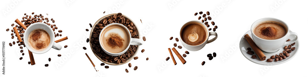 Fototapeta premium Four cups of coffee with cinnamon and roasted coffee beans arranged on a transparent background with one cup featuring a spoon and additional cinnamon sticks
