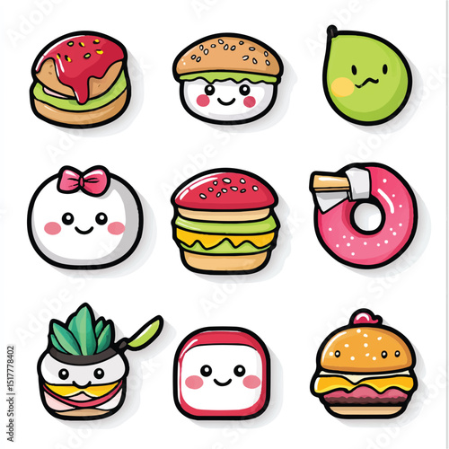 a cute kawai style food icons sushi burger donut for sticker