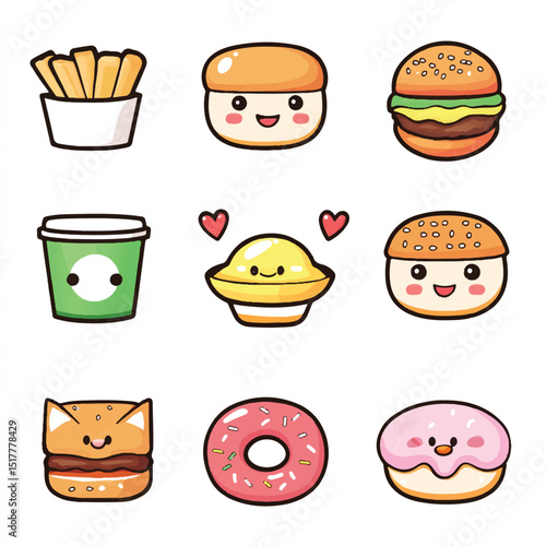 a cute kawai style food icons sushi burger donut for sticker