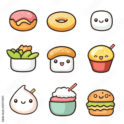 a cute kawai style food icons sushi burger donut for sticker