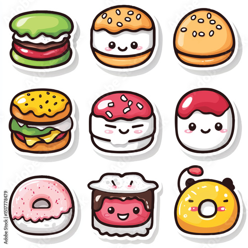 a cute kawai style food icons sushi burger donut for sticker