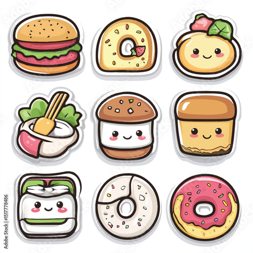 a cute kawai style food icons sushi burger donut for sticker
