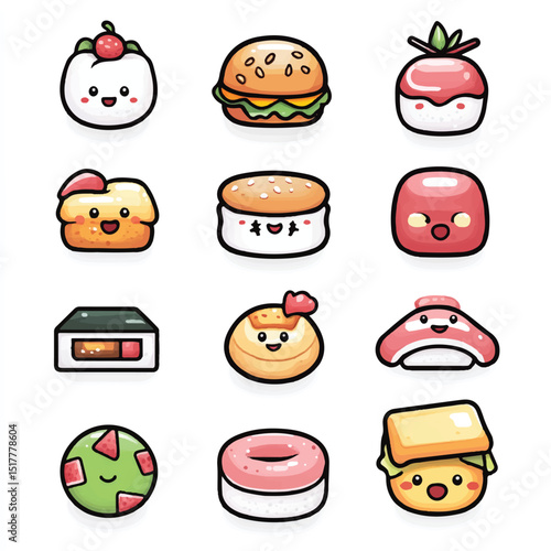 a cute kawai style food icons sushi burger donut for sticker