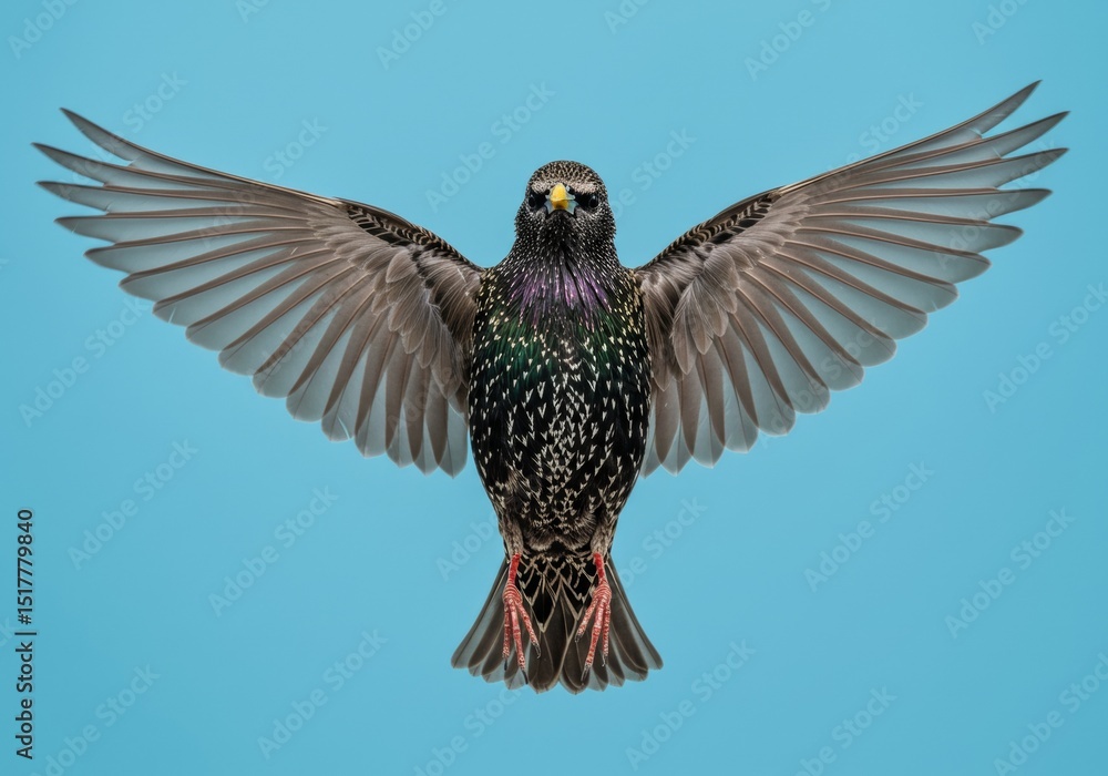 Fototapeta premium Majestic starling in full flight against a serene sky, nature avian beauty