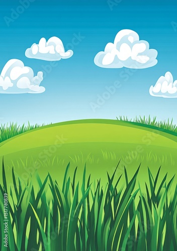 Green Hill Landscape Under a Blue Sky with Fluffy Clouds