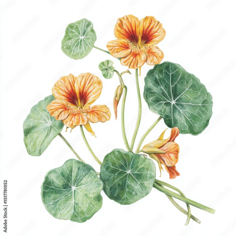 Obraz premium Botanical illustration of nasturtium flowers and leaves