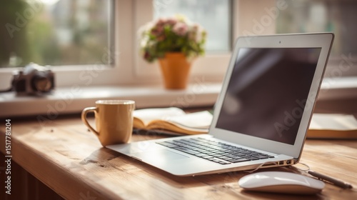 Wallpaper Mural Laptop and Coffee Cup on Wooden Desk Near Window, Representing Remote Work and Digital Lifestyle, Ideal for Productivity and Home Office Concepts : Generative AI Torontodigital.ca