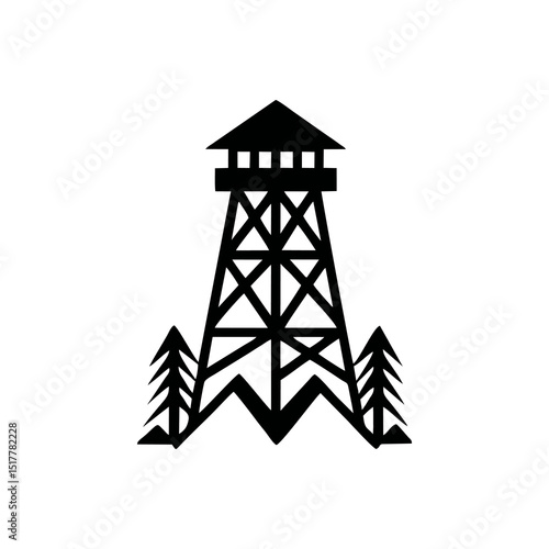 Minimal vector logo of a short fire lookout tower made with only thick, straight black lines