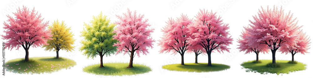 Obraz premium Colorful flowering trees with vibrant blossoms in a spring garden setting on a transparent background illustrating various shades of pink and green foliage