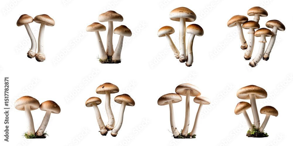 Assorted champignon mushrooms arranged on a transparent background featuring various groupings and angles showcasing their distinctive shapes and colors. Assorted champignon mushrooms arranged on a transparent background featuring various groupings and angles showcasing their distinctive shapes and colors.