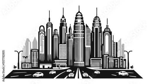 Urban skyline illustration with skyscrapers and busy road in black  