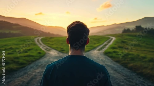 Man back view at forked path in green field landscape during sunset, standing at crossroads and contemplating decision, choice, and uncertainty, symbolizing life contemplation and new beginnings