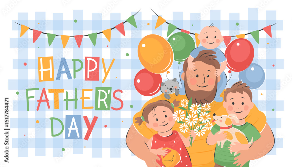 custom made wallpaper toronto digitalHappy Father's Day! Vector cute illustration of dad with children. Drawings Father's Day with holiday wishes for postcards, posters, banner.