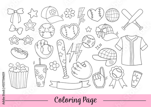 Draw vector illustration coloring page girly baseball Trendy sport girl Doodle cartoon style