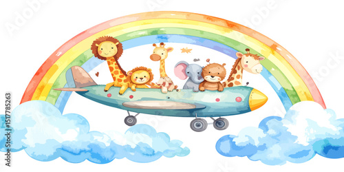 Vector illustration of airplane passing through rainbow in blue summer sky.
