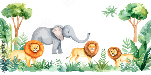 Baby elephant plays in a fun summer meadow with birds and flowers.
