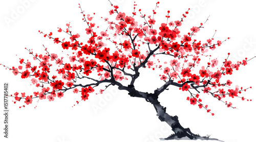 Bright red cherry tree with flowers and leaves on the branches
