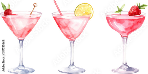 Cold alcoholic cocktails with cherry, strawberry, and lime in a glass, isolated on white
