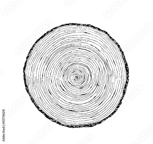 Tree Rings: A Detailed Ink Drawing of a Cross-Sectioned Tree Trunk, showcasing concentric growth rings in black and white.