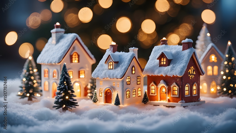 Charming miniature christmas village houses covered in snow with festive lights bokeh Charming miniature christmas village houses covered in snow with festive lights bokeh