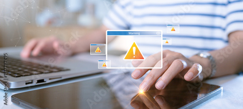 A person using a laptop and tablet encounters multiple cybersecurity warning pop-ups. The image represents online security threats, data breaches, and malware risks in the digital world.