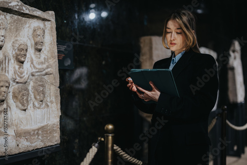 Fotografija A museum professional examining ancient relief art on display, holding a tablet, illustrating the careful study and preservation of cultural artifacts in a historical exhibition setting