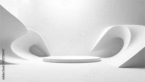 "Abstract 3D render of a minimal architecture stage with smooth curves and layered podiums, perfect for futuristic car or product showcase in a clean, white environment with soft shadows"