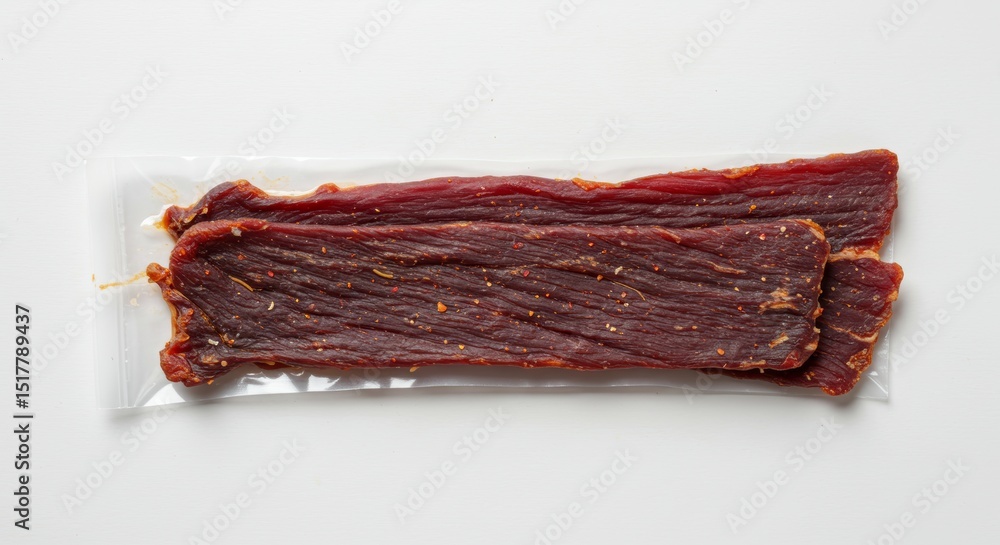 Savory strips of dried beef in vacuum packaging, ready for consumption Savory strips of dried beef in vacuum packaging, ready for consumption