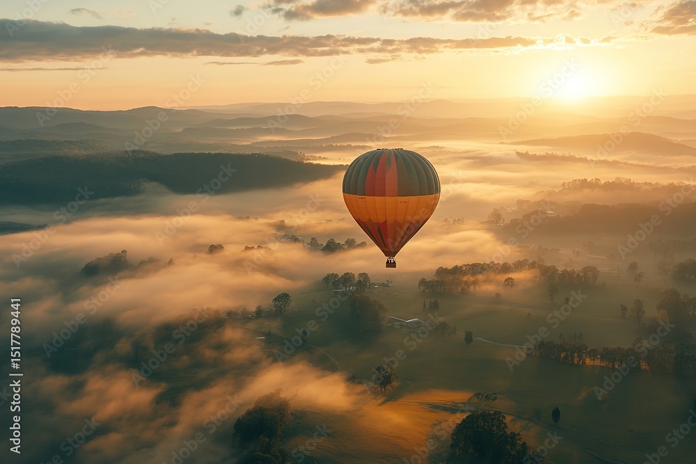Obraz premium Travel on a Hot Air Balloon Over an Inspirational Landscape with Sunrise and Colorful Sky – Summer Holiday 
