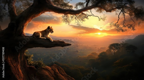A lion resting on a tree branch overlooking a stunning sunset and vast savannah landscape, capturing wild beauty and tranquility.