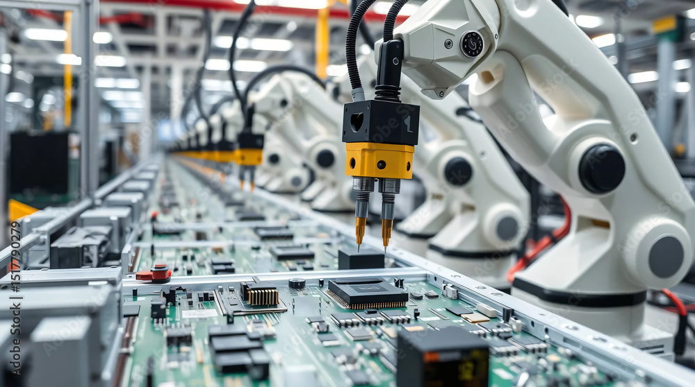 Fototapeta premium Circuit board components assembly. Automated PCB assembly line with robotic arm in electronics factory.