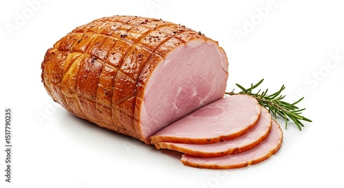 Exquisite glazed ham roast with perfectly carved slices served on display
