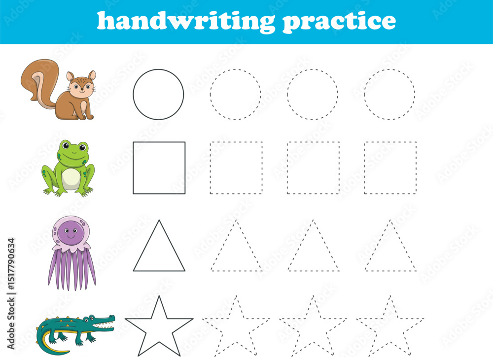 Handwriting Practice. Tracing lines of different shape for kids with animals. Vector Illustration Handwriting Practice. Tracing lines of different shape for kids with animals. Vector Illustration