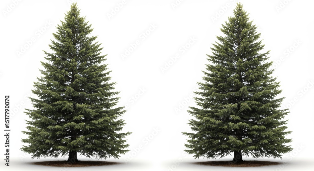 Fototapeta premium Symmetrical arrangement of two evergreen trees, isolated on a clean white backdrop