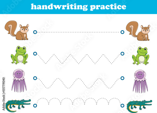 Handwriting Practice. Tracing lines for kids with animals. Vector Illustration
