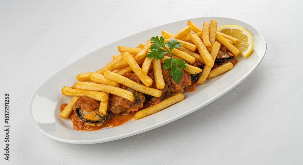 Gourmet mussels in tomato sauce with french fries, presented on a platter Gourmet mussels in tomato sauce with french fries, presented on a platter