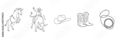 Hand Drawn Rodeo Icons Vector Collection Featuring Bucking Bronco, Bull Rider in Action, Lasso Loop, Cowboy Hat, and Cowboy Boots, Rustic Western Line Art for Rodeo and Cowboy Designs

