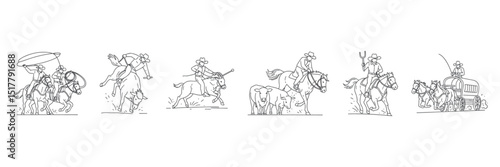 Hand Drawn Rodeo Icons Collection Vector, Rustic Western Cowboy and Rodeo Symbol Set, Vintage Style Rodeo Illustrations, Minimalist Line Art for Western Design and Branding

