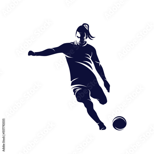 Silhouette of a female soccer player kicking a ball.
