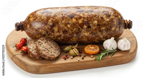 Traditional haggis dish served on a rustic wooden board with fresh ingredients