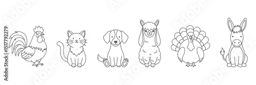 Minimal Farm Animals Line Art Vector Illustration Featuring Rooster Cat Dog Alpaca Turkey and Donkey in Adorable and Simplified Style Perfect for Farm Branding