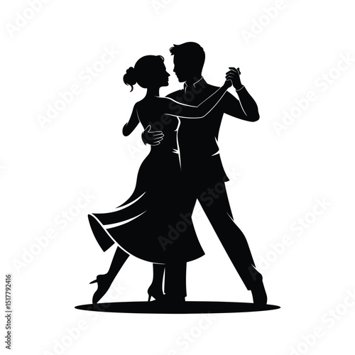 Silhouette illustration of a dancing couple performing a tango in black and white suitable for romantic concepts and graphic designs
