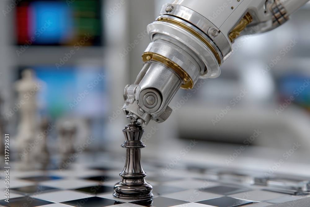 high-tech workspace featuring a robotic arm making precise chess moves on a digital board with led chess pieces, alongside ai analysis data on multiple monitors high-tech workspace featuring a robotic arm making precise chess moves on a digital board with led chess pieces, alongside ai analysis data on multiple monitors