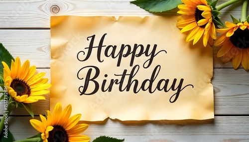 Happy Birthday Message with Sunflowers on Wooden Background