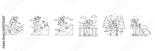 vector outline icons depictingEssential Hiking Adventure: Hiker Crossing a Stream, Spotting Wildlife, Climbing Hills, Pausing at Scenic Overlook, Walking Through Trees, and Setting Up a Tent in Nature