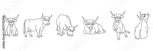 Hand Drawn Vector Outline Icons of Highland Cow in Diverse Poses, Rustic Farm Animal Illustrations, Scottish Cattle Line Art, Vintage Style Highland Cows, Minimalist Animal Sketches for Logos and Bran