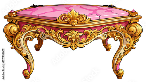 Rococo gilded ornate coffee table with pink marble top, isolated on a empty plain background